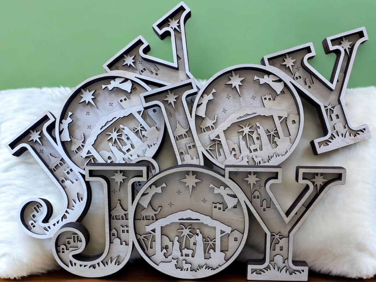 Natural wood JOY nativity scene rustic farmhouse Christian Christmas decoration