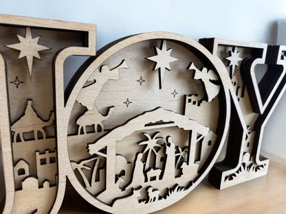 Handmade wooden JOY nativity Christmas decor with Mary Joseph and baby Jesus