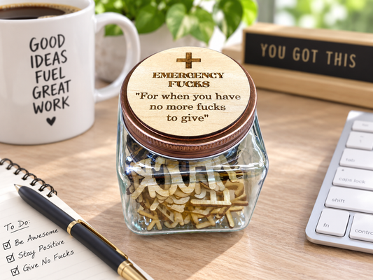 Funny swear jar office gift displayed on desk with keyboard, coffee mug and office accessories