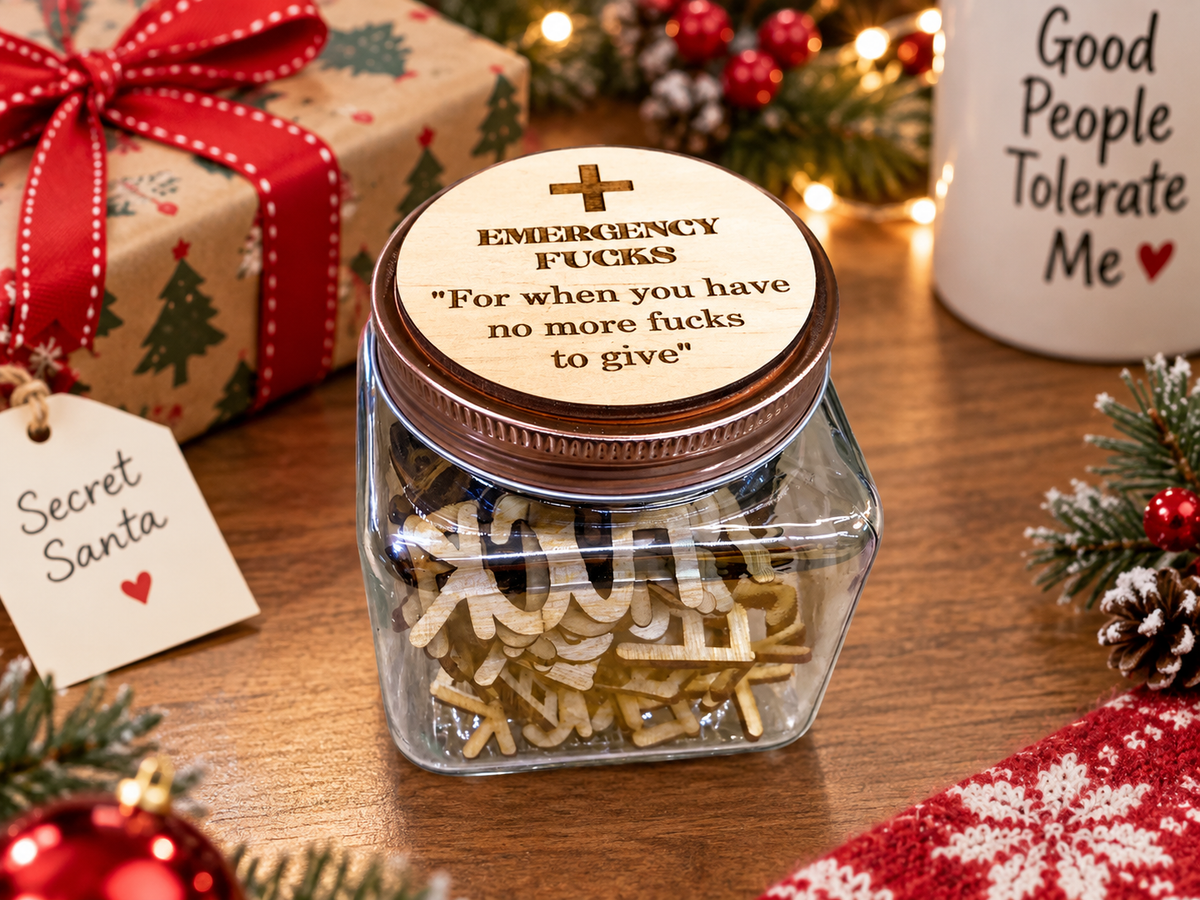 Funny swear jar Secret Santa and White Elephant gift with festive holiday office decor