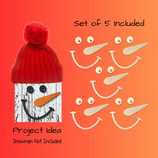 Set of five laser cut wooden snowman face blanks with eyes, carrot noses and smiles for DIY 1x4 or 2x4 Christmas snowman crafts.