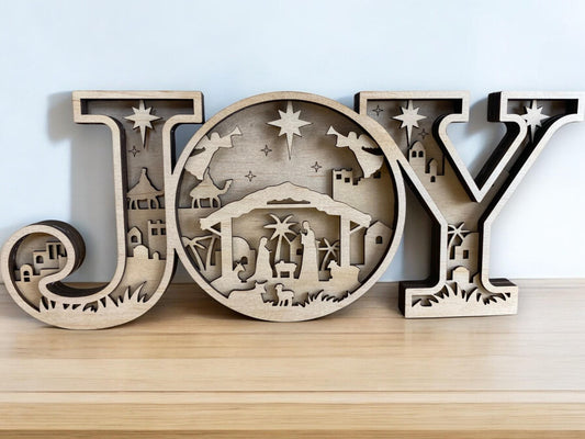 JOY Wooden Nativity Scene – Rustic Christian Christmas Mantel & Shelf Decor