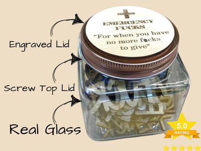 Funny swear jar office gag gift with glass jar, gold lid and wooden sign